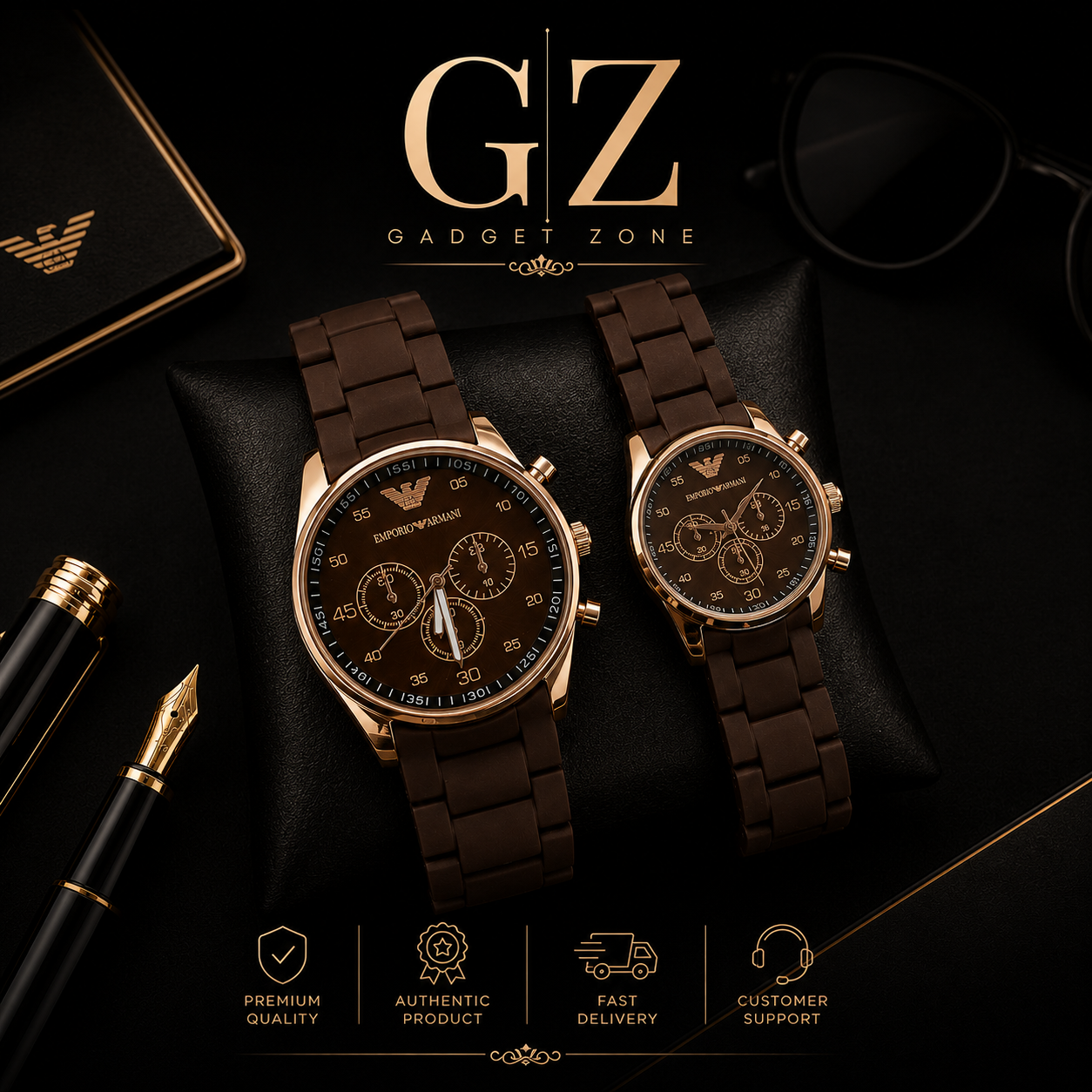 Gadget Zone Premium Couple Watch Set – Brown & Rose Gold Luxury Edition