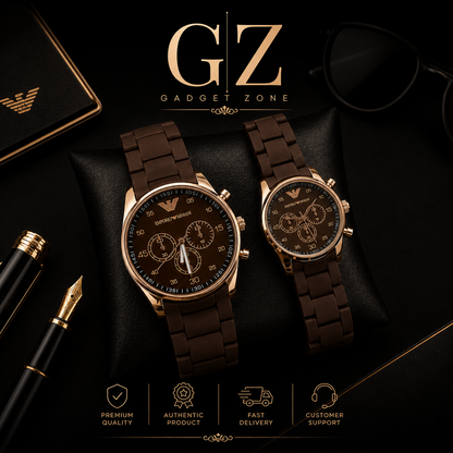 Gadget Zone Premium Couple Watch Set – Brown & Rose Gold Luxury Edition