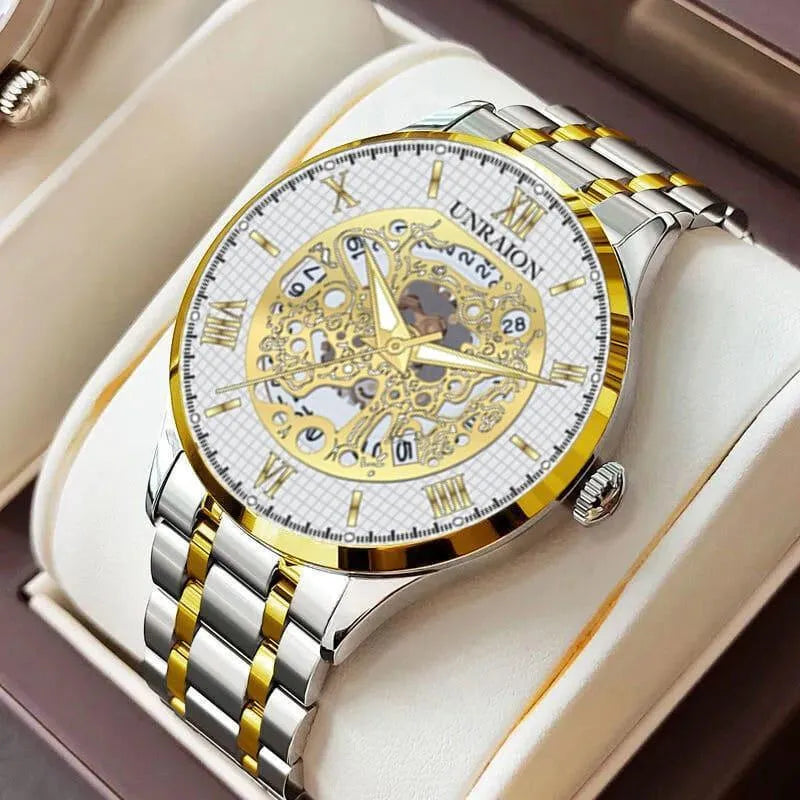 Unraion Skeleton Watch Stainless Steel Gold Accents