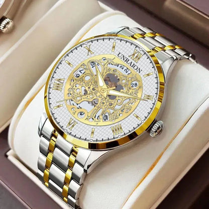 Unraion Skeleton Watch Stainless Steel Gold Accents