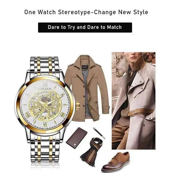 Unraion Skeleton Watch Stainless Steel Gold Accents