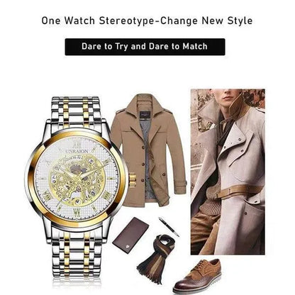 Unraion Skeleton Watch Stainless Steel Gold Accents