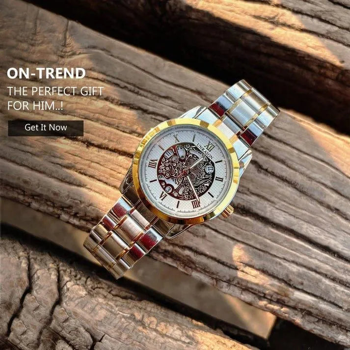 Unraion Skeleton Watch Stainless Steel Gold Accents
