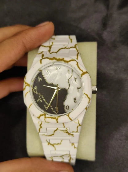 Men's Carbon Fiber White Marble Watch with Golden Design