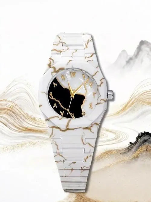 Men's Carbon Fiber White Marble Watch with Golden Design