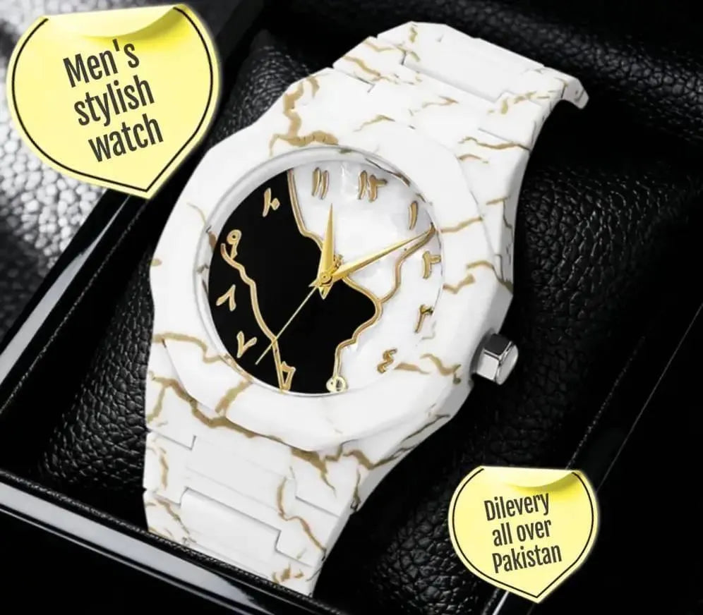 Men's Carbon Fiber White Marble Watch with Golden Design