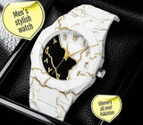 Men's Carbon Fiber White Marble Watch with Golden Design