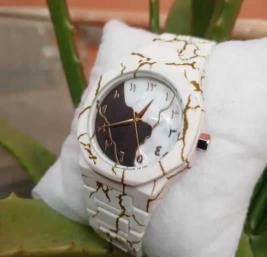 Men's Carbon Fiber White Marble Watch with Golden Design