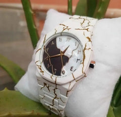Men's Carbon Fiber White Marble Watch with Golden Design