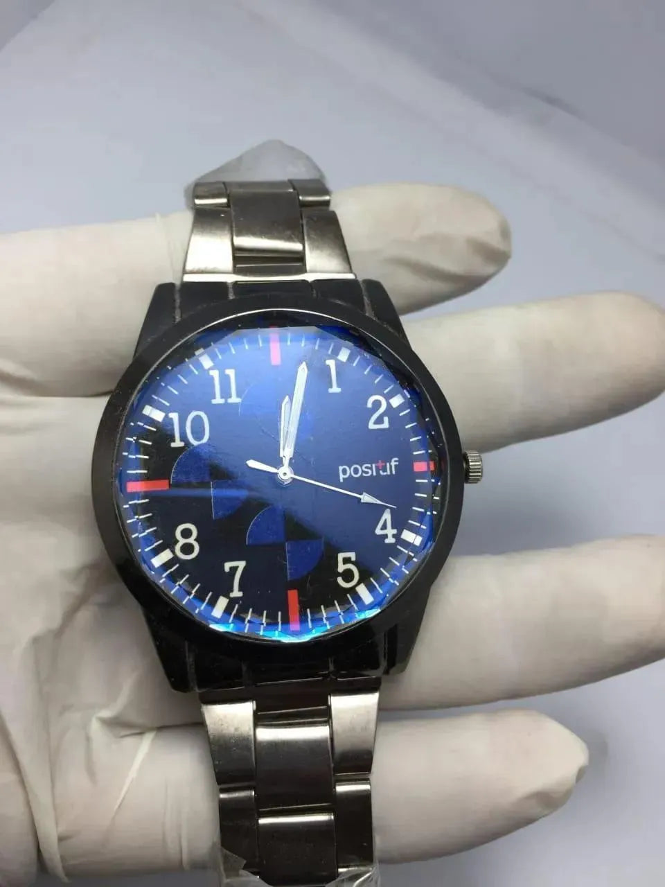 Men Stainless Steel Chain Strap Watch Silver Blue Dial